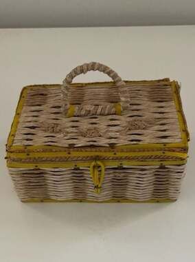 Vintage Dritz Woven Wicker Sewing Basket with Quilted Satin Lining Bright Yellow